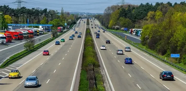 Mehrspurige Schnellstraße mit fließendem Verkehr aus erhöhter Perspektive über einen längeren Streckenabschnitt