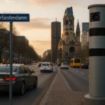 Stationäre Blitzersäule an einer mehrspurigen Stadtstraße