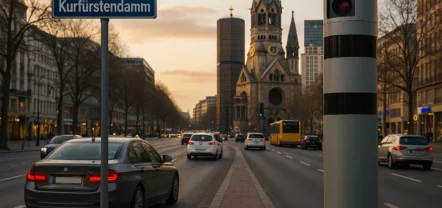 Stationäre Blitzersäule am Rand einer mehrspurigen innerstädtischen Hauptstraße