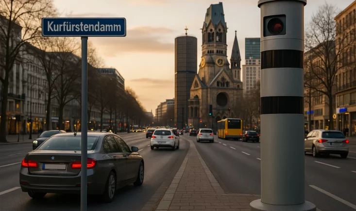 Graue stationäre Blitzersäule am Rand einer mehrspurigen innerstädtischen Hauptstraße, im Hintergrund fahrender Verkehr in der Dämmerung